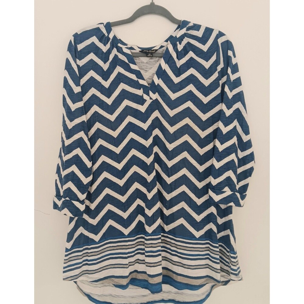 Lucky Brand Shirt Womens 1X Blue White Zig Zag Top Blouse 3/4 Sleeve